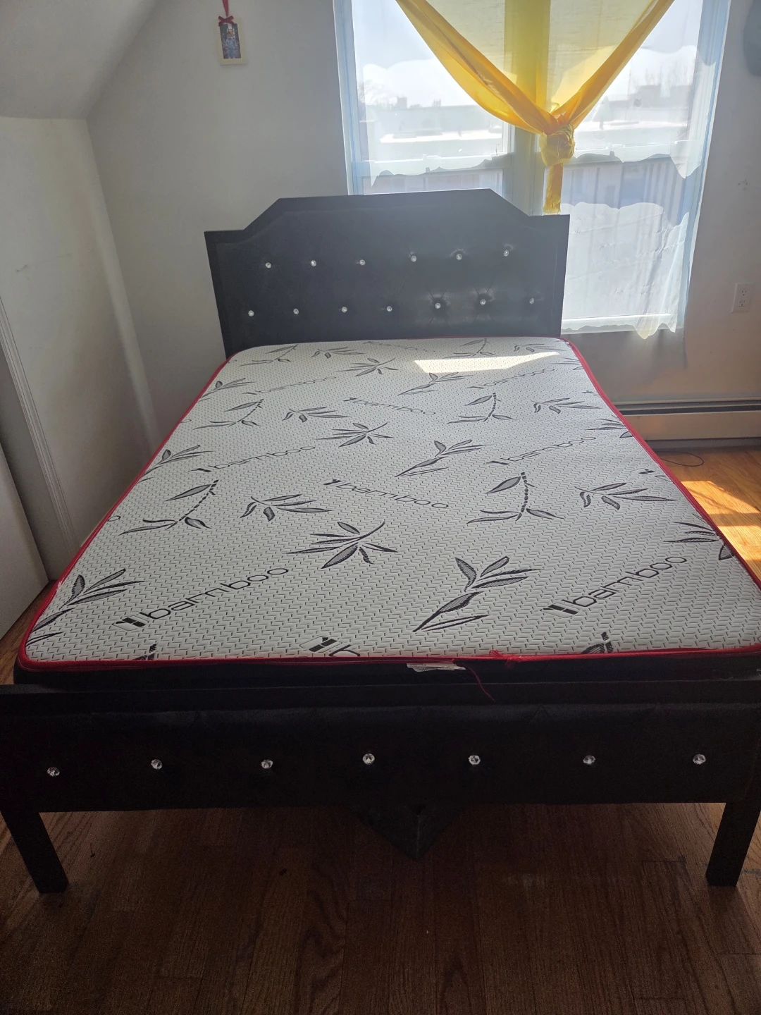 Black Queen Bed Frame with Bamboo Mattress
