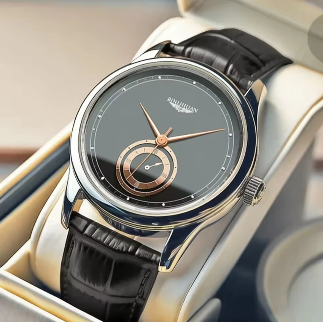 BINHUAN Men's Black Leather Band Dress Watch