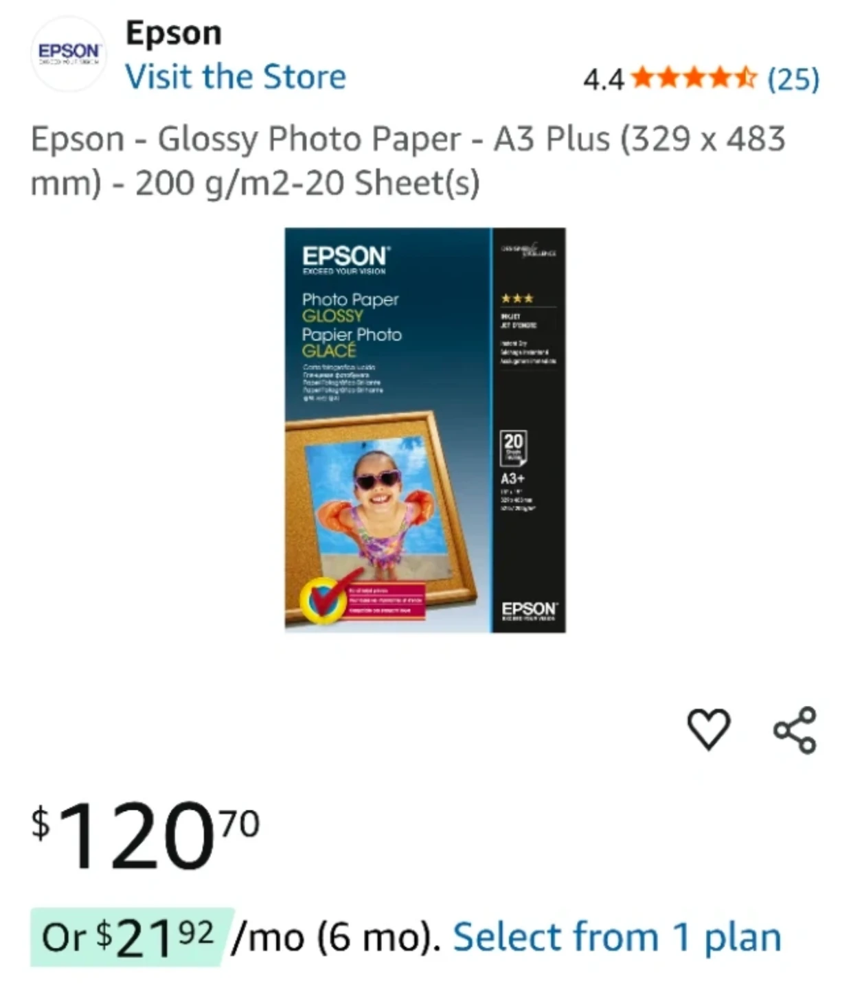 Epson Photo Paper - Glossy - A3+ - 20 Sheets