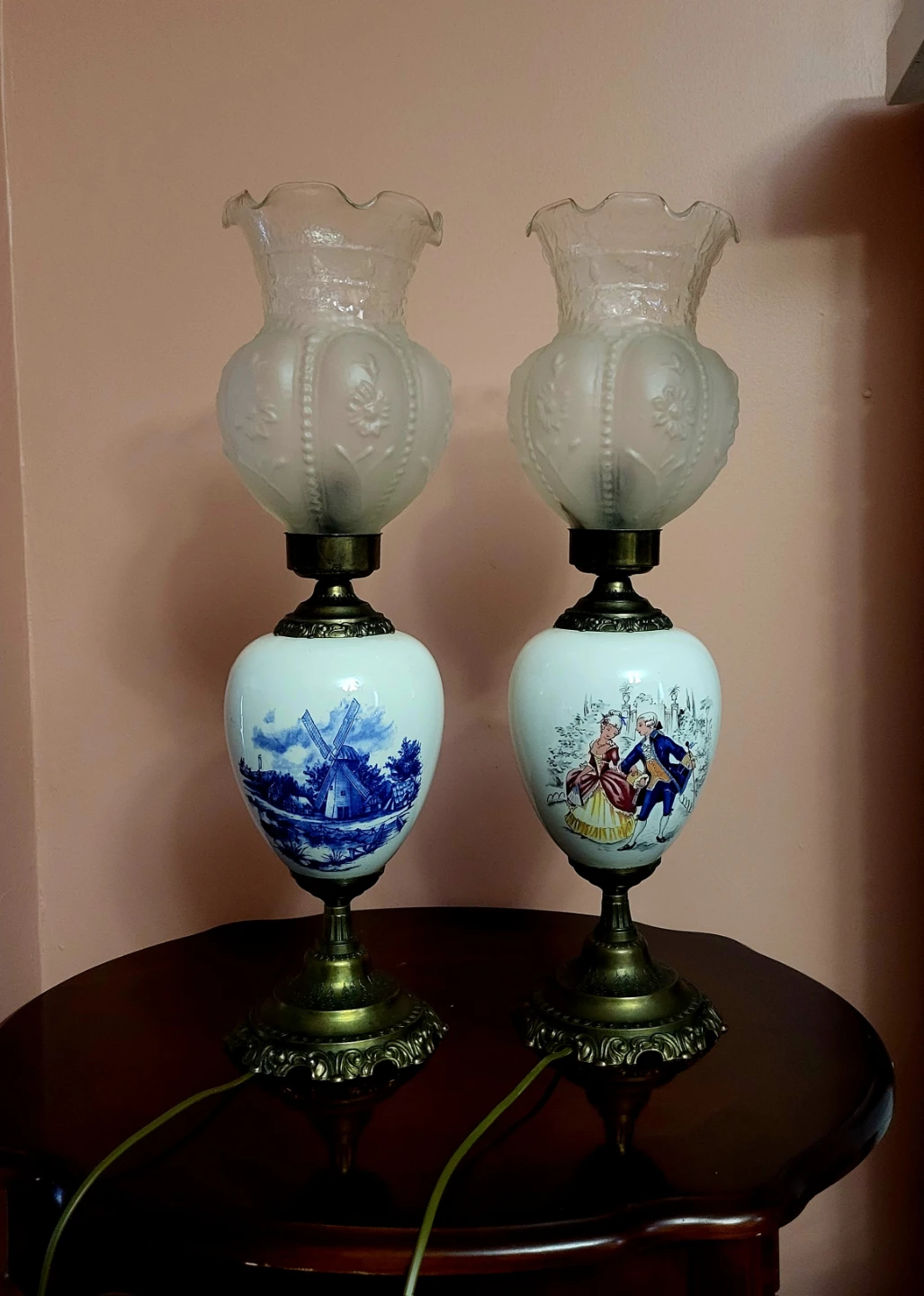 Pair of Vintage Ceramic Table Lamps with Dutch Scenes