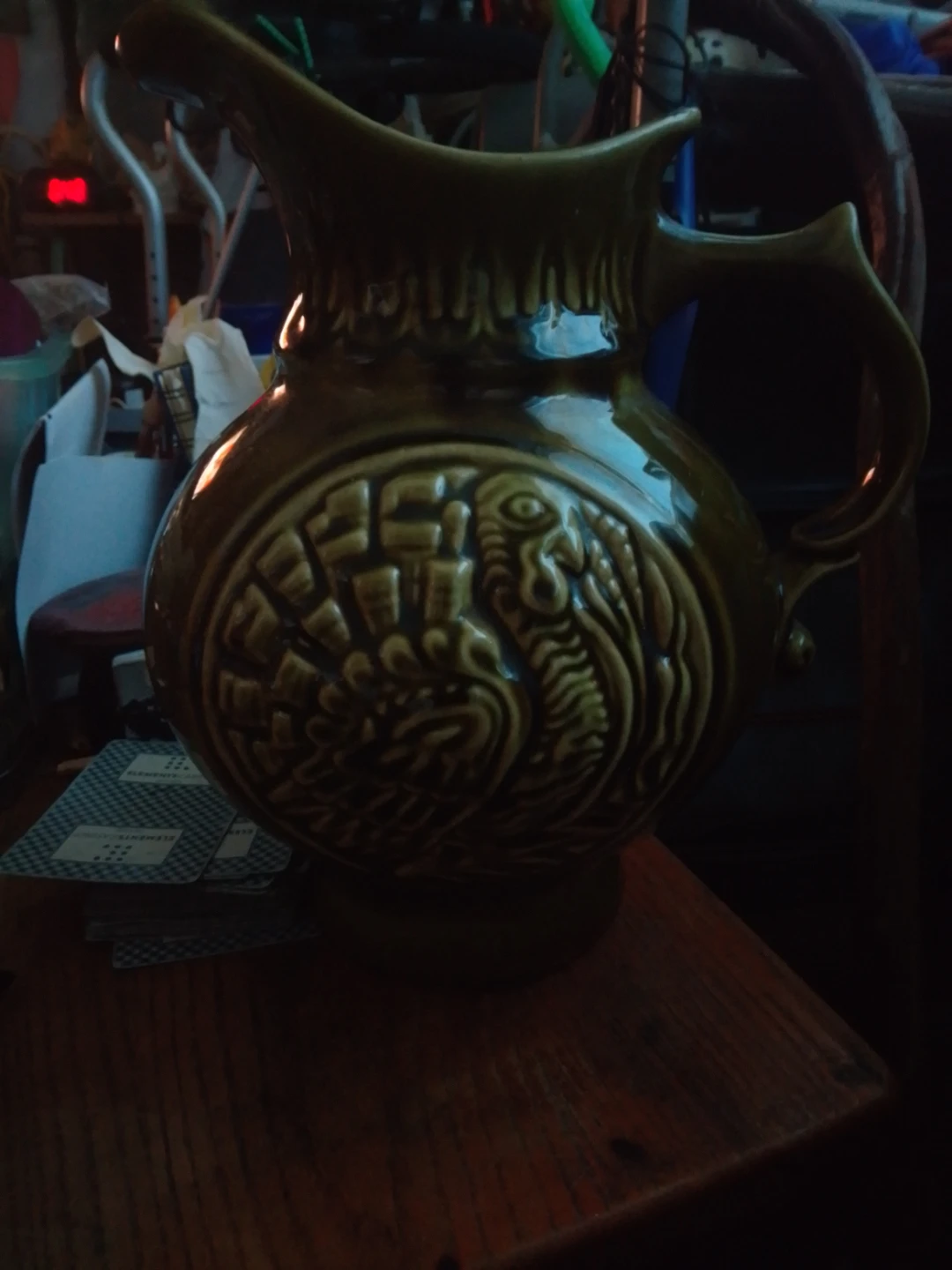 Green Ceramic Pitcher with Turkey Embossment
