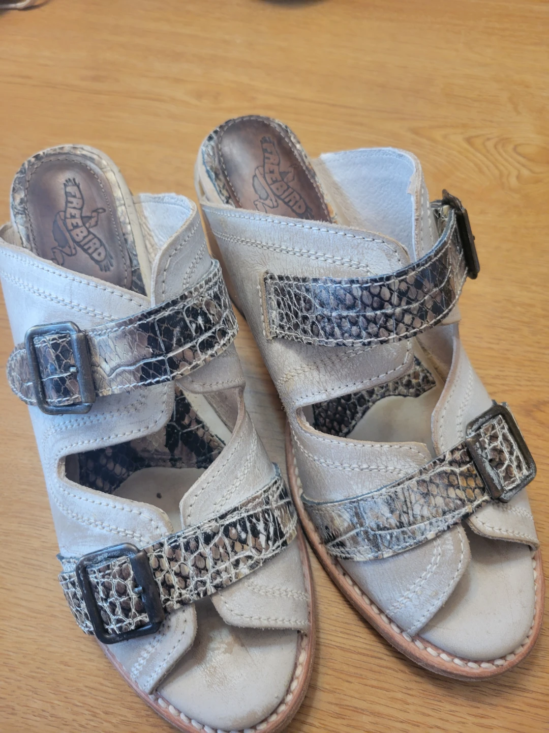 Freebird Women's Beige Leather Snake Print Buckle Slide Sandals