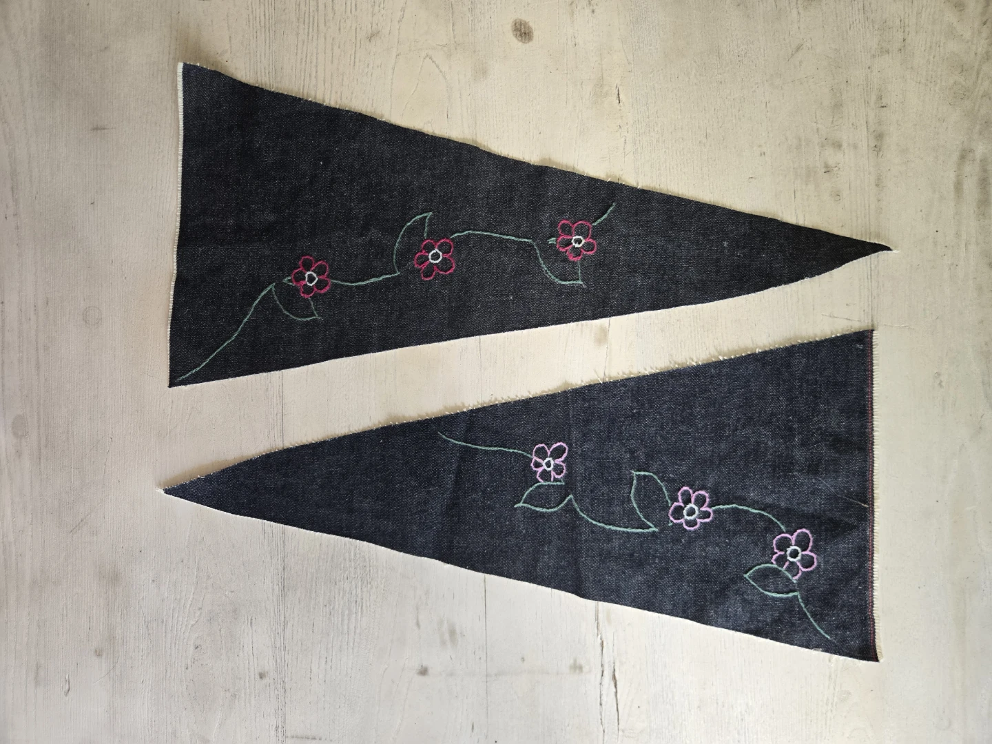 2 Denim Insert Triangles Floral Embroidery