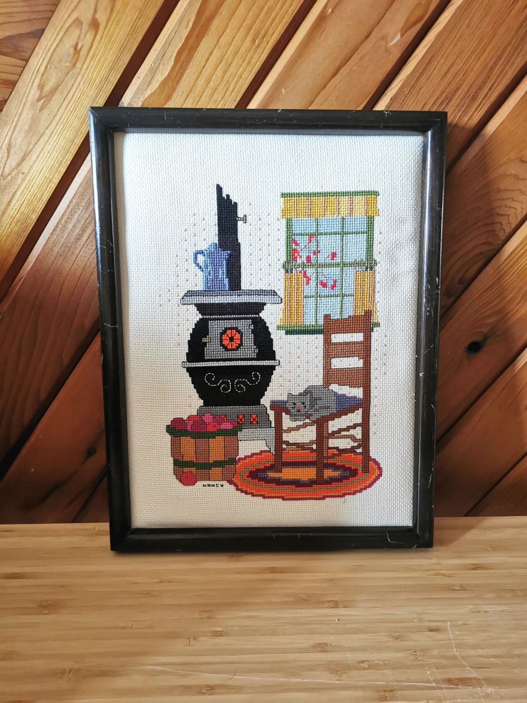 Vintage Cross Stitch Cat Cottage Scene
