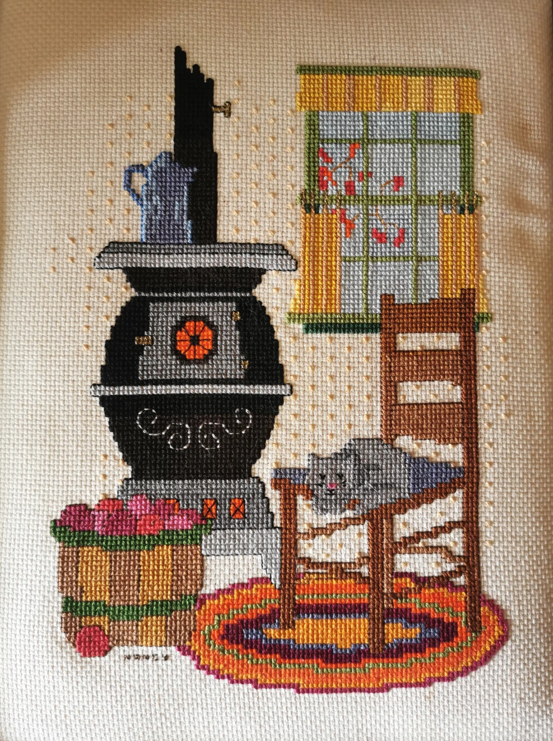 Vintage Cross Stitch Cat Cottage Scene - photo 2