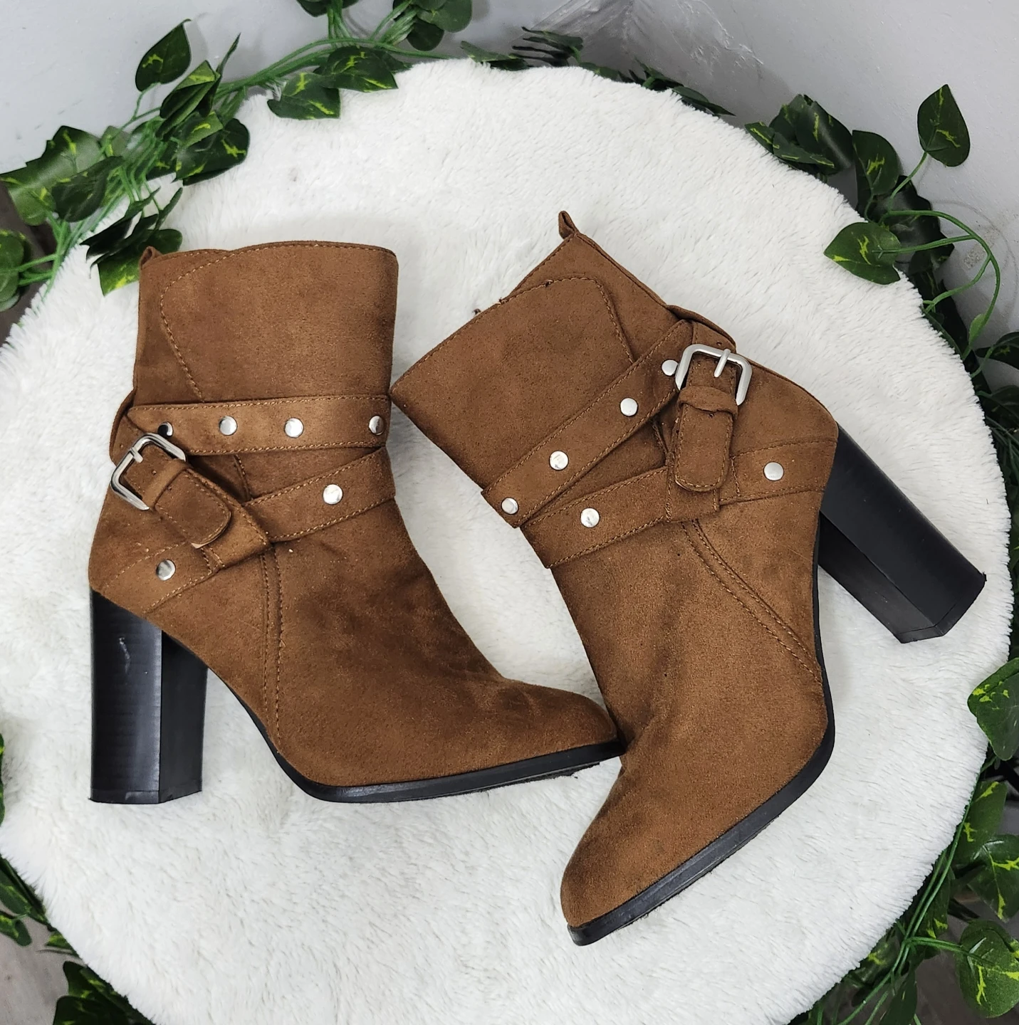 Brown Suede Ankle Boots with Buckle Detail