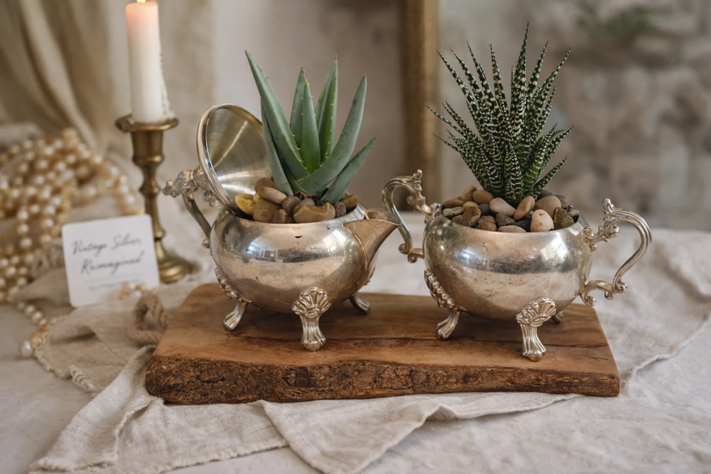 Vintage Silver Teapot Succulent Planters (Set of 2)
