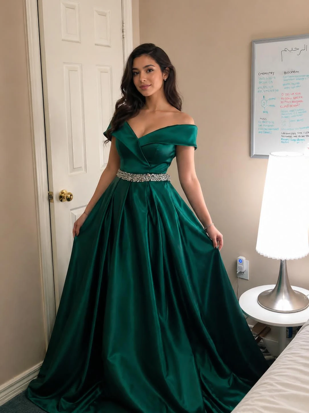 Emerald Green Off-the-Shoulder Ball Gown with Beaded Belt