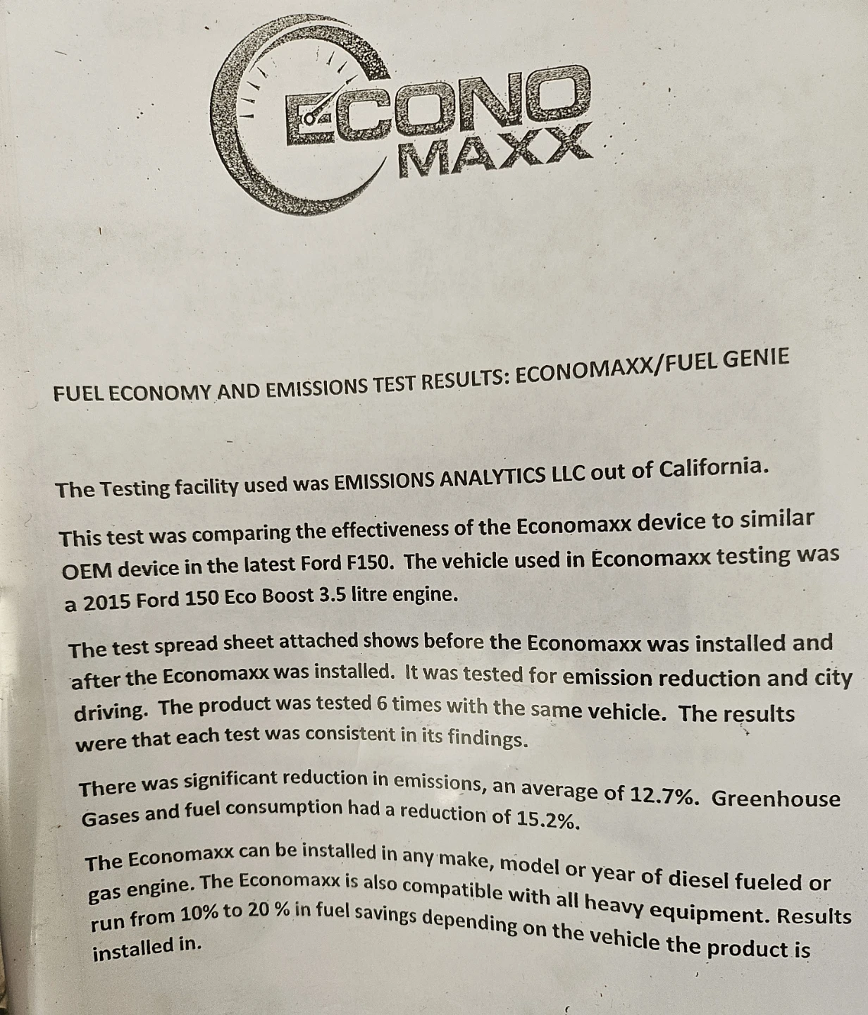 EconoMaxx Fuel Economy and Emissions Test Results Brochure - photo 3