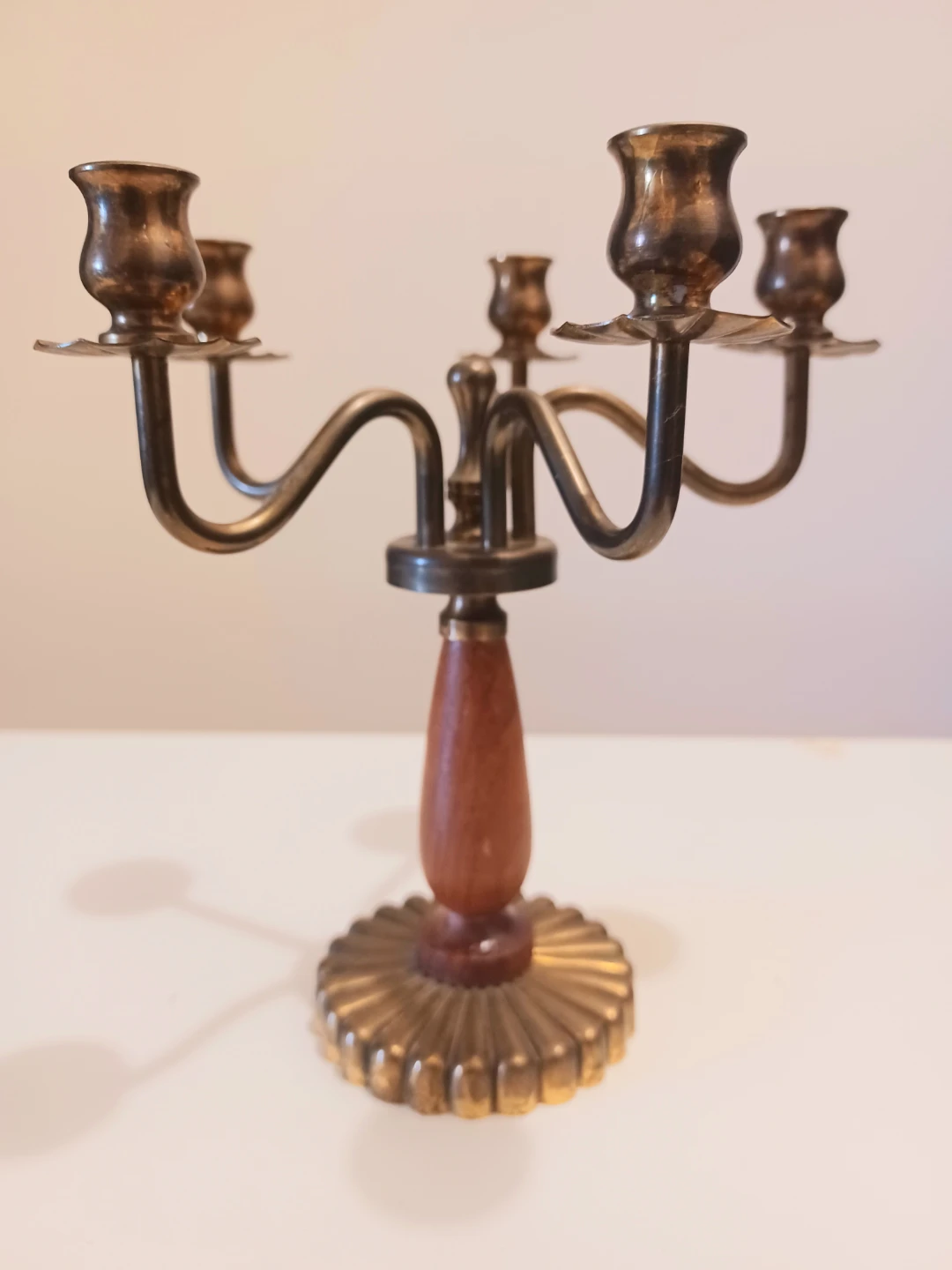 MCM Scandinavian Brass & Teak Wood Candelabra 5 Arms