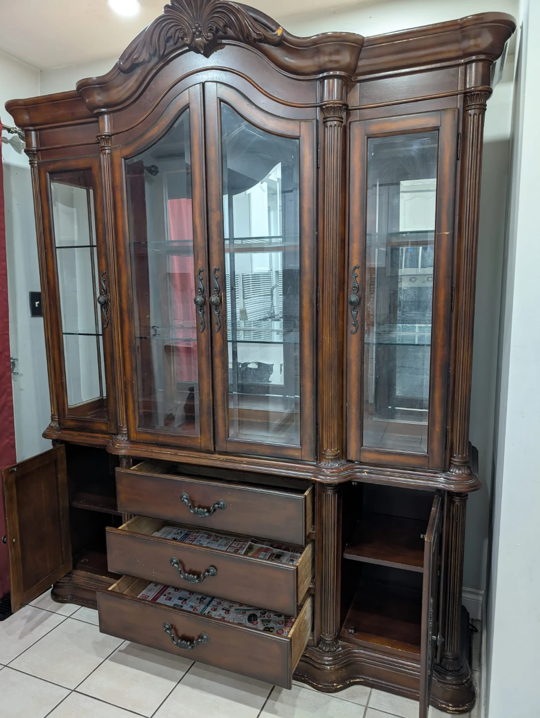 Wooden China Cabinet with Glass Doors and Drawers - photo 2