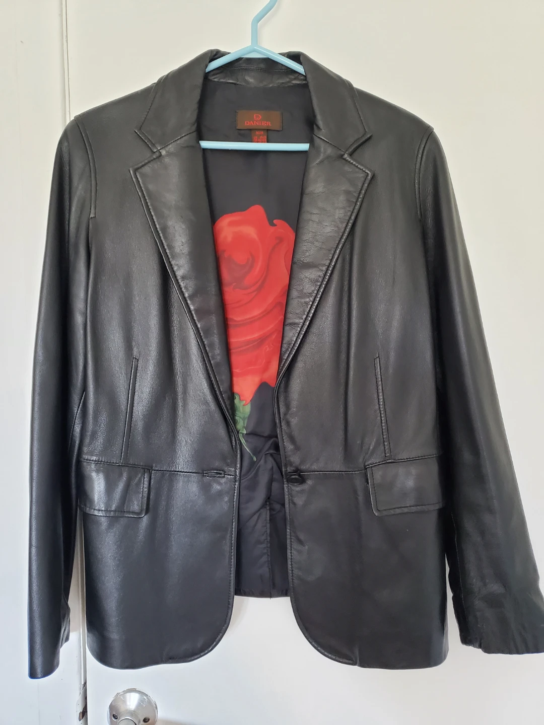 Danier Black Leather Blazer with Rose Print Lining