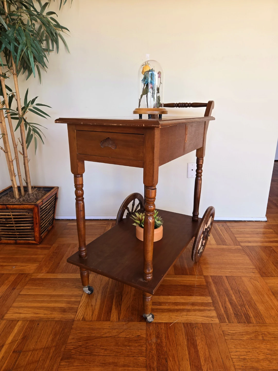 Antique Walnut Rolling Tea Cart With Green Stone Top - photo 3