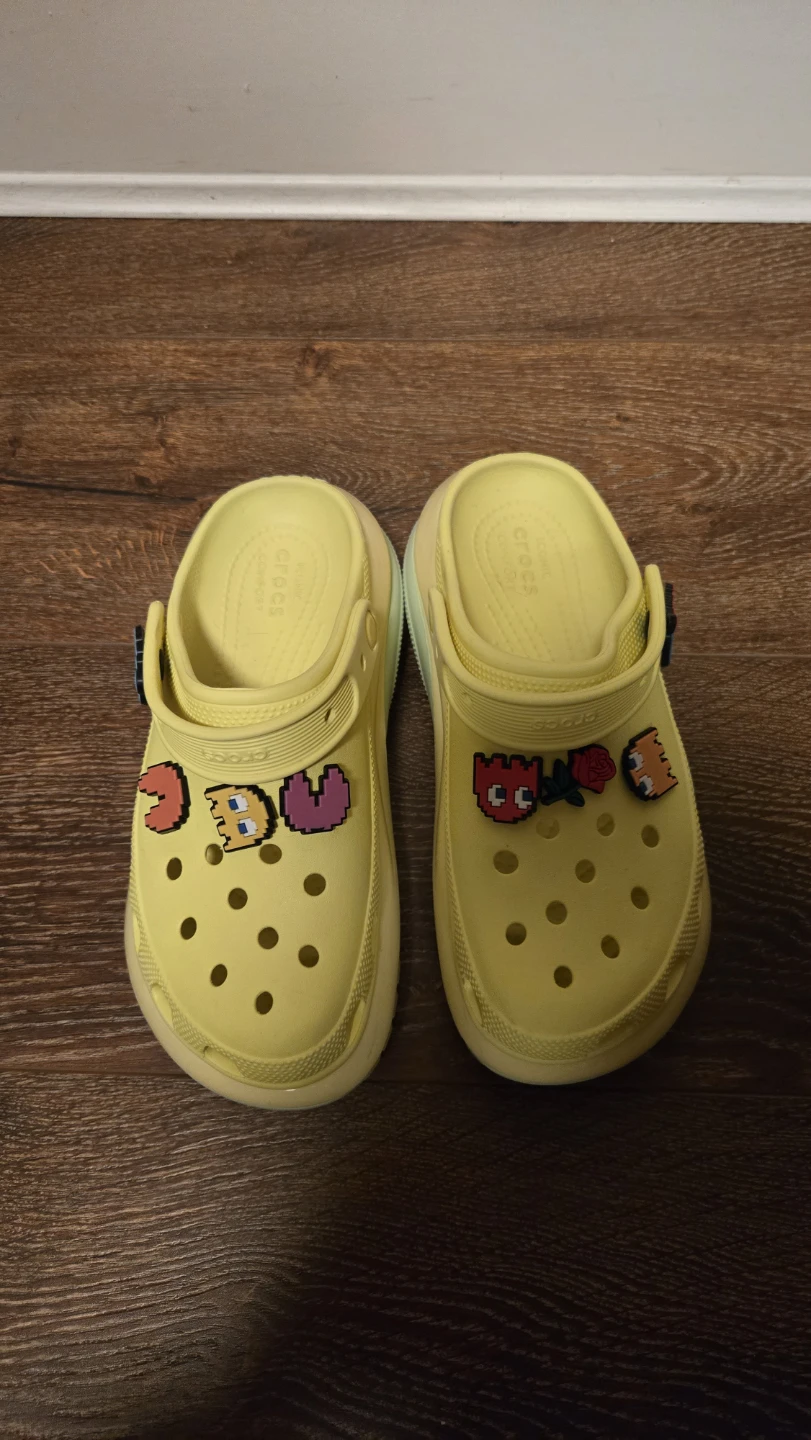Yellow Crocs mega crush with Pac-Man Jibbitz