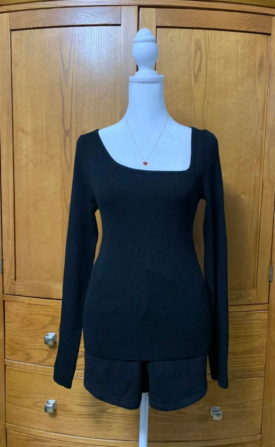 JJXX Black Ribbed Square Neck Long Sleeve Top Size S