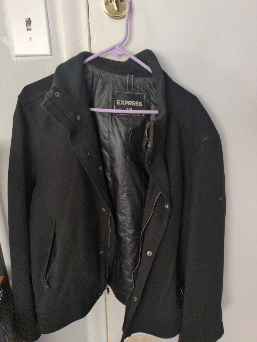 Express Men's Black Wool Blend Bomber Jacket - Size Large