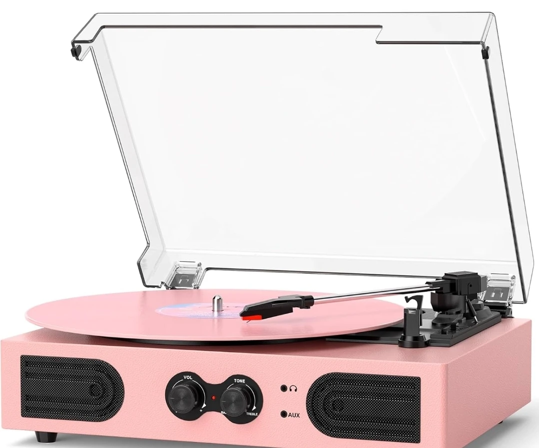 Pink 3-Speed Bluetooth Turntable Record Player,  Speakers