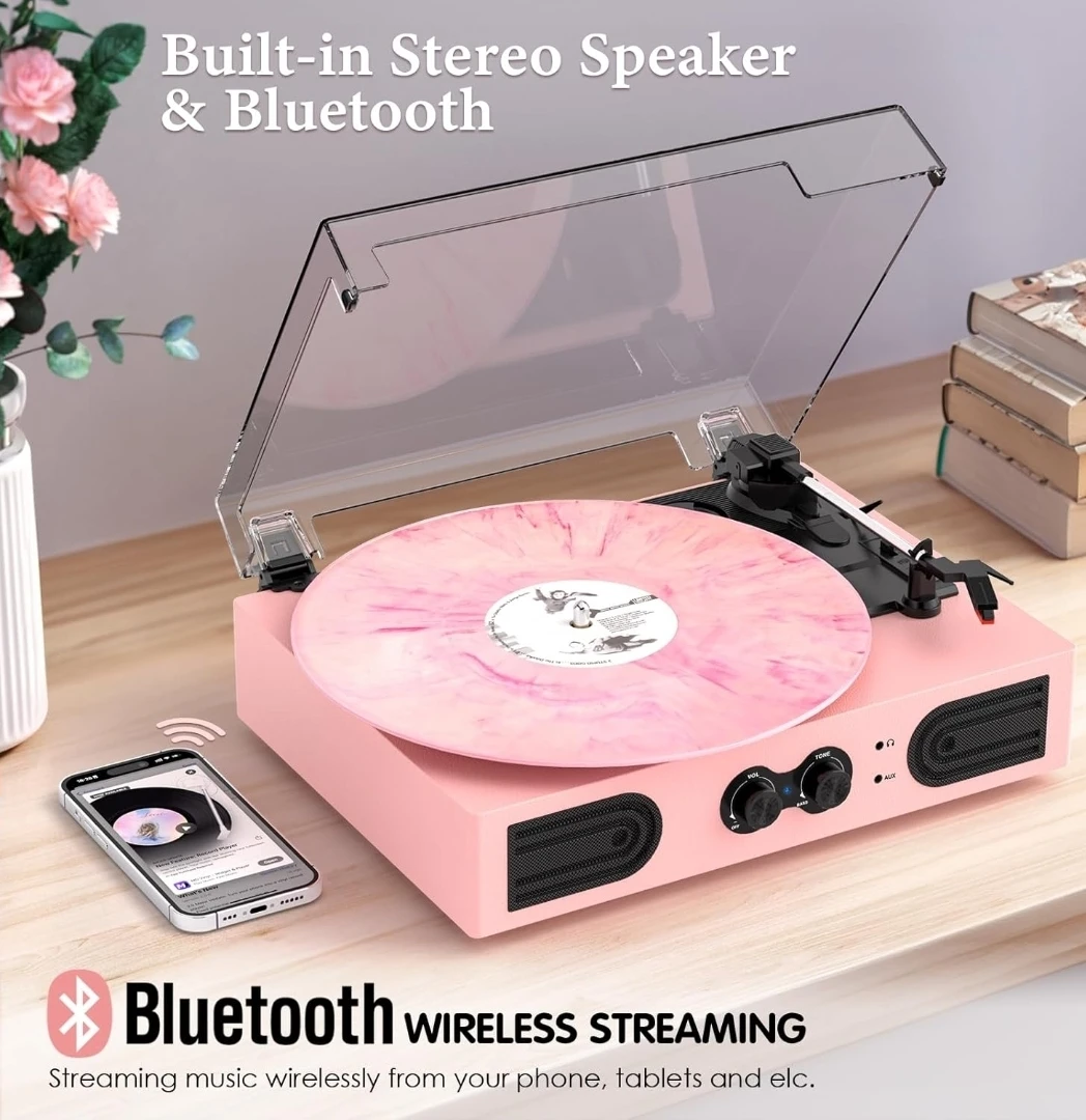 Pink 3-Speed Bluetooth Turntable Record Player,  Speakers - photo 3