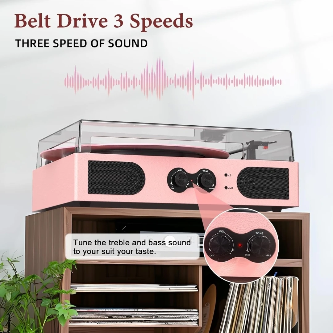 Pink 3-Speed Bluetooth Turntable Record Player,  Speakers - photo 4
