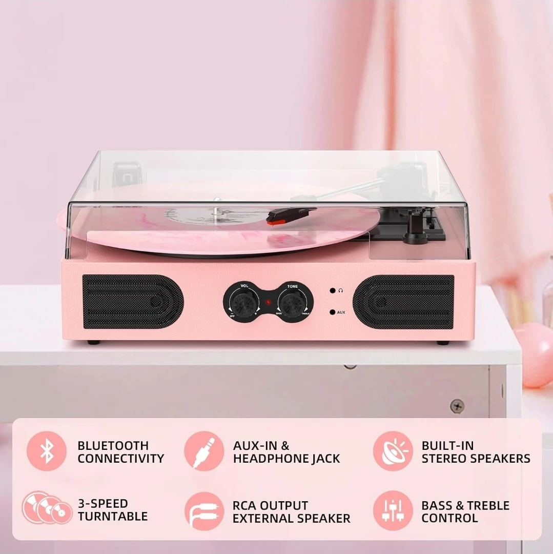 Pink 3-Speed Bluetooth Turntable Record Player,  Speakers - photo 5