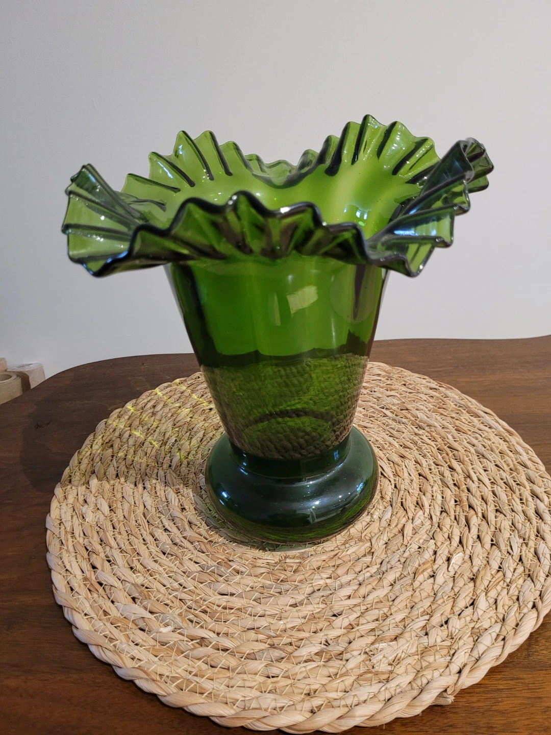 Green Glass Vase with Ruffled Rim