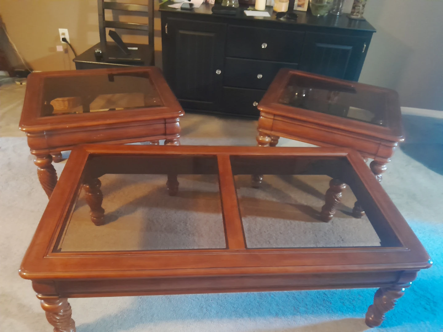 Wood coffee table and end tables set with glass tops