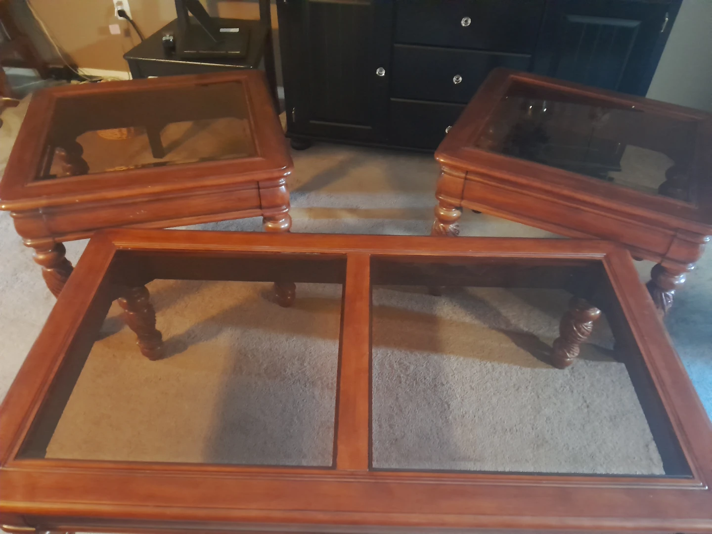 Wood coffee table and end tables set with glass tops - photo 3