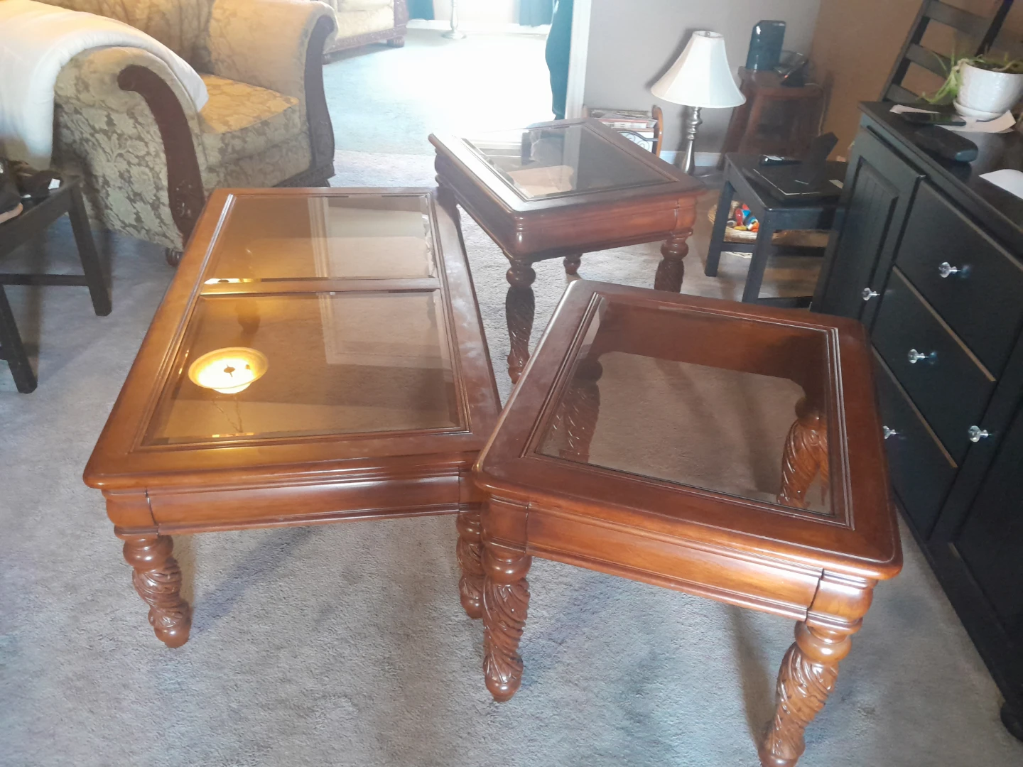 Wood coffee table and end tables set with glass tops - photo 5