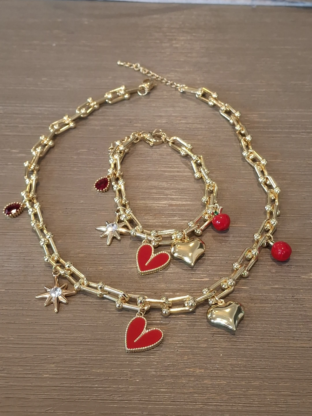 Gold Charm Necklace and Bracelet Set with Red Hearts - photo 2