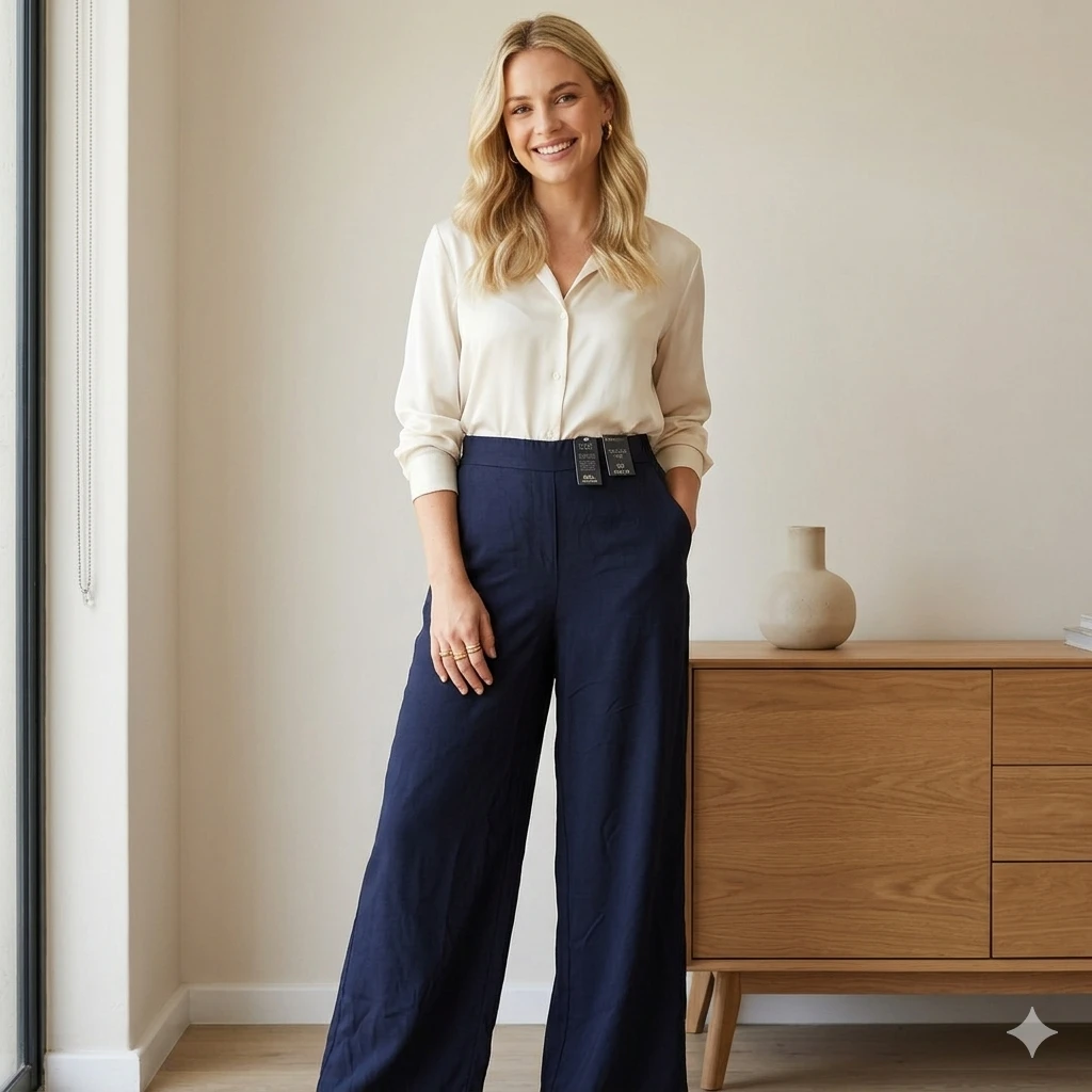 REAL woman • Wide-Leg Navy Blue Work Pants Side Pockets