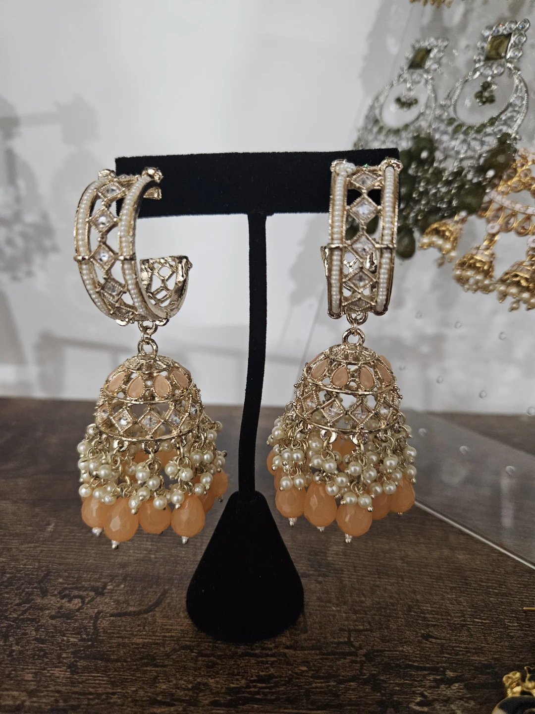 Gold Jhumka Earrings with Peach Beads and Pearls
