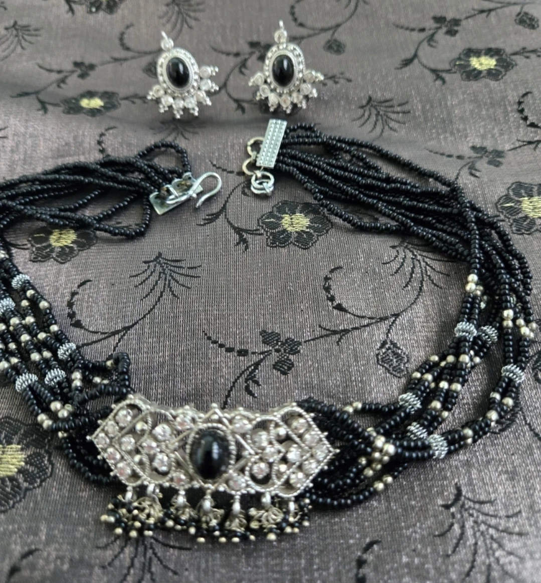 Black Beaded Choker Necklace and Earring Set