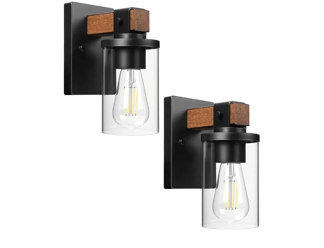 2-Set Wood Grain Vanity Lights with Clear Glass Cylinders