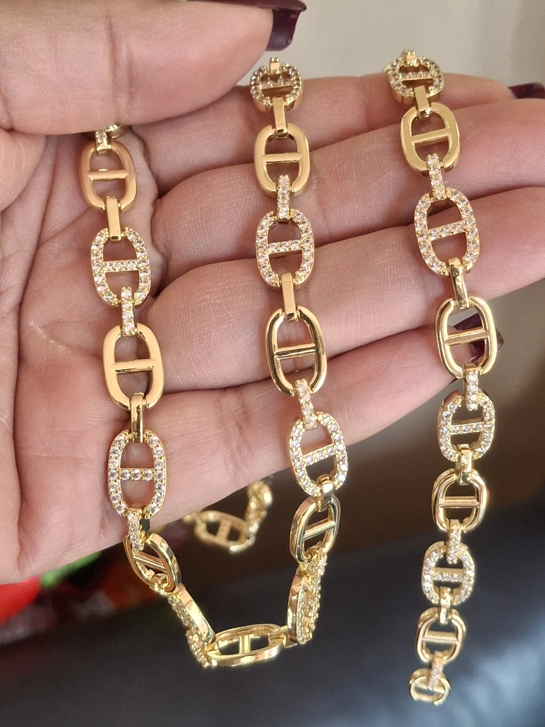 Gold Tone Chain Necklace and Bracelet Set with Rhinestones