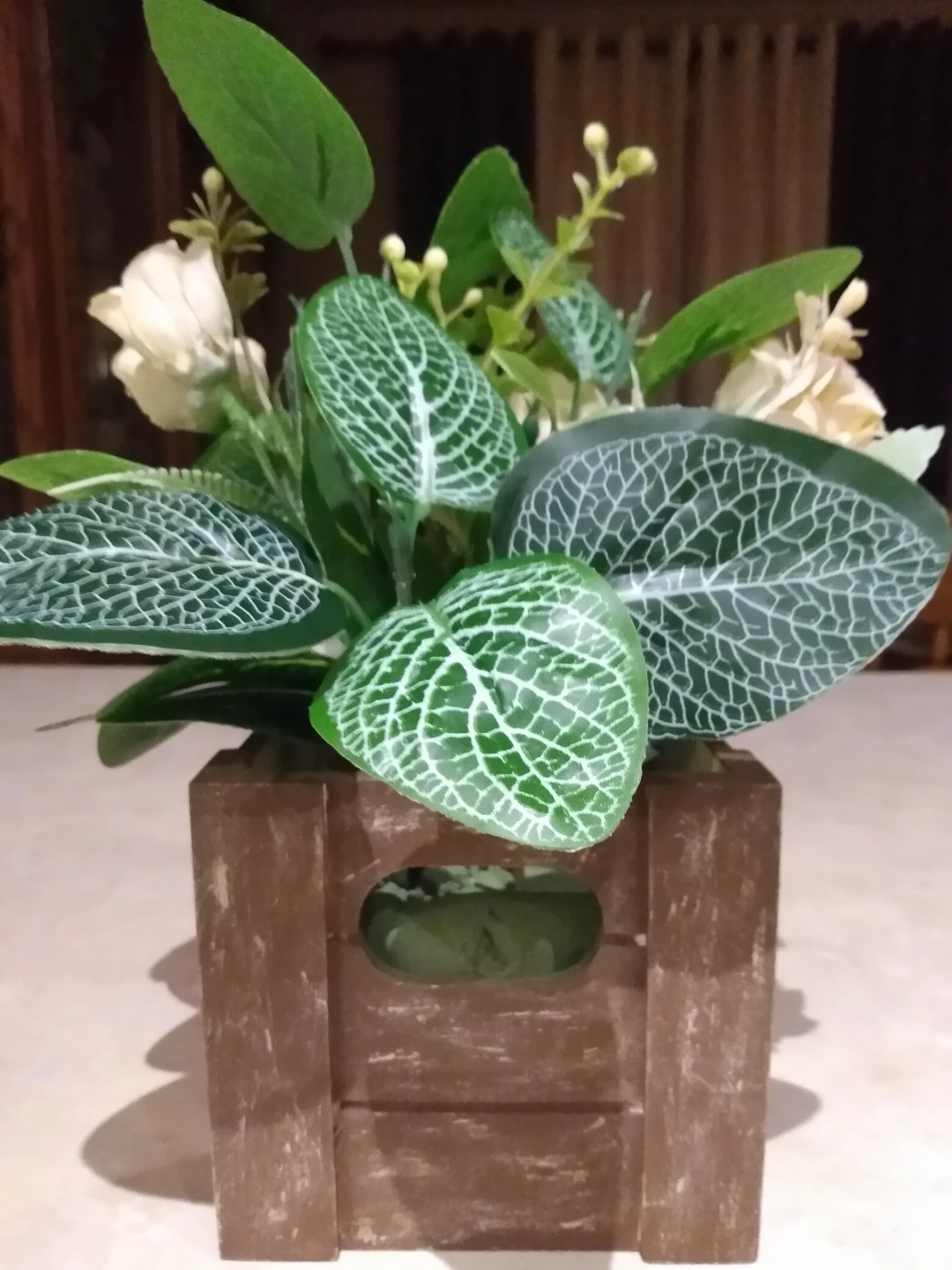 Realistic Flower Arrangement in Wooden 5x5" Planter Box