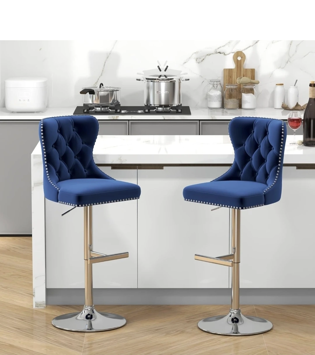 Adjustable Velvet Bar Stool - Blue - photo 2