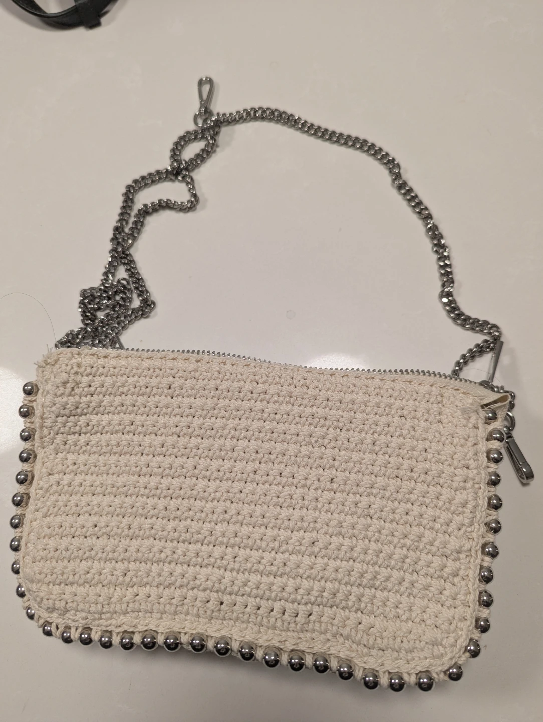 Zara Crocheted Clutch Bag with Silver Studs and Chain Strap