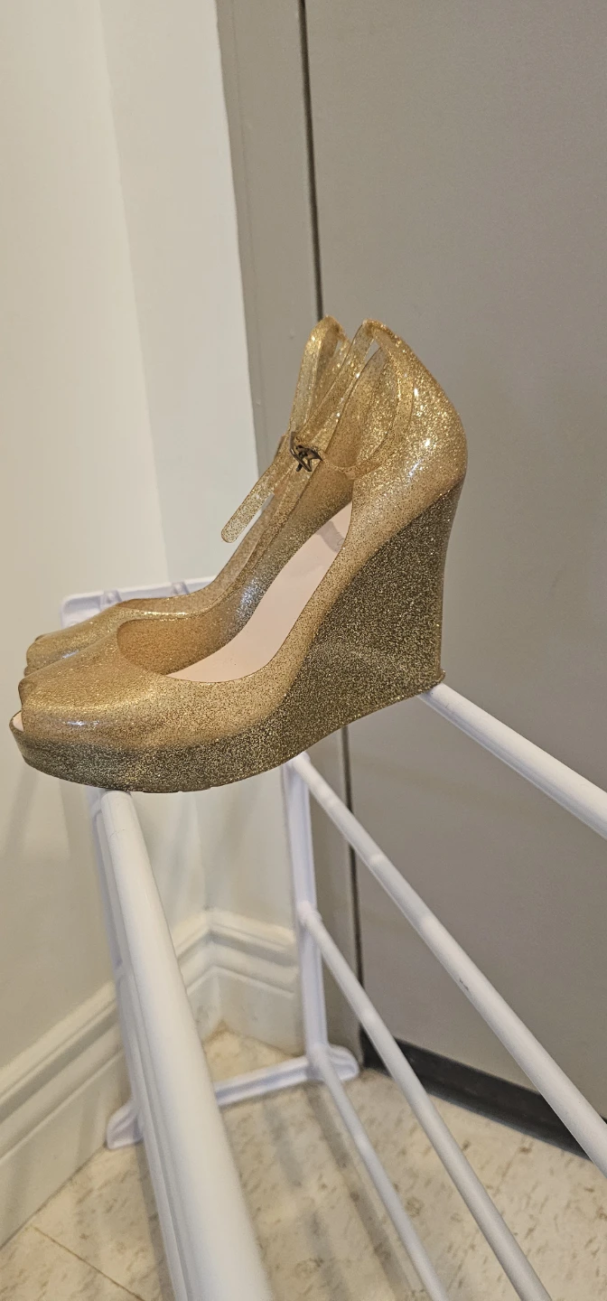 Bamboo Gold Glitter Wedge Heels