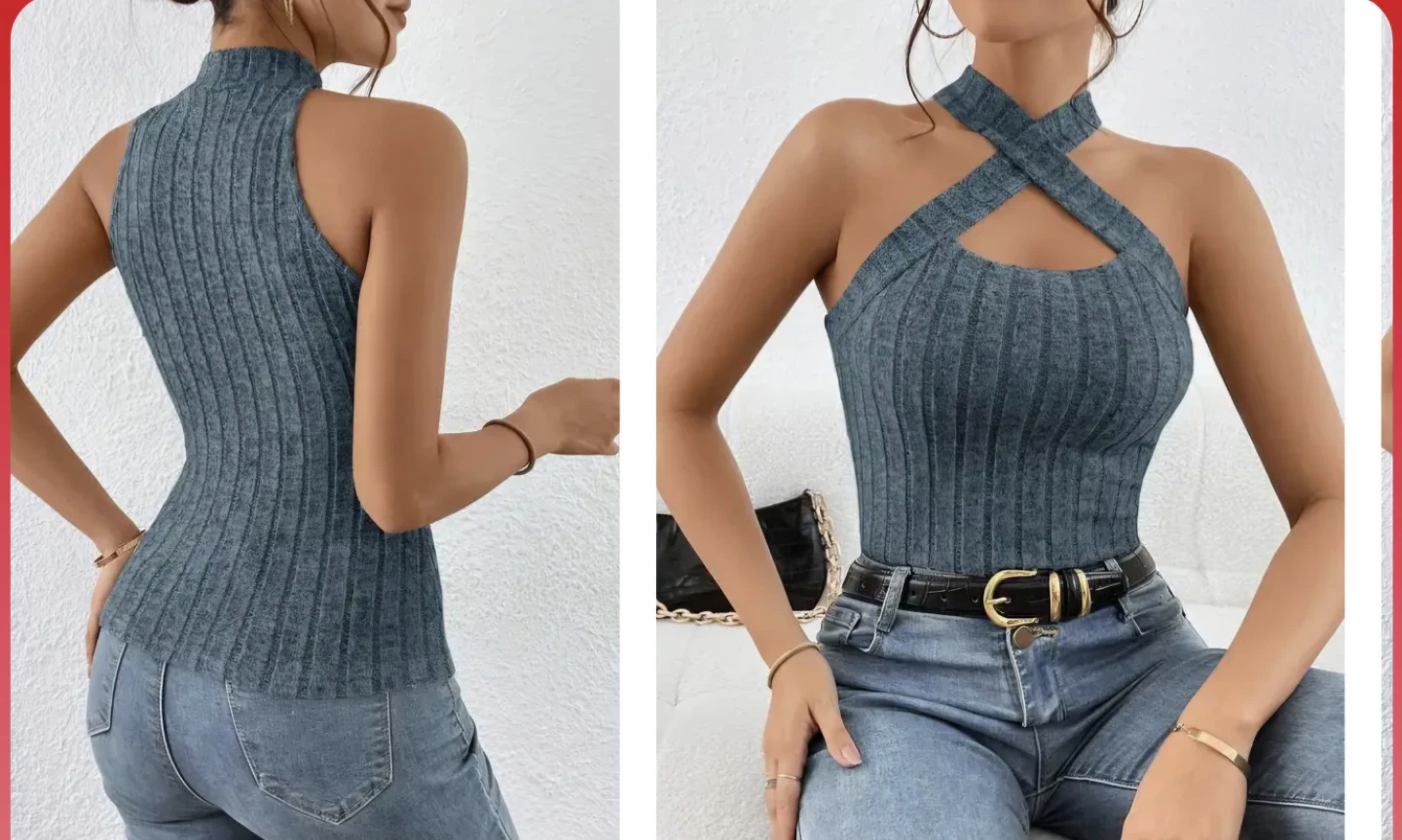 Women's Ribbed Halter Neck Top - Blue
