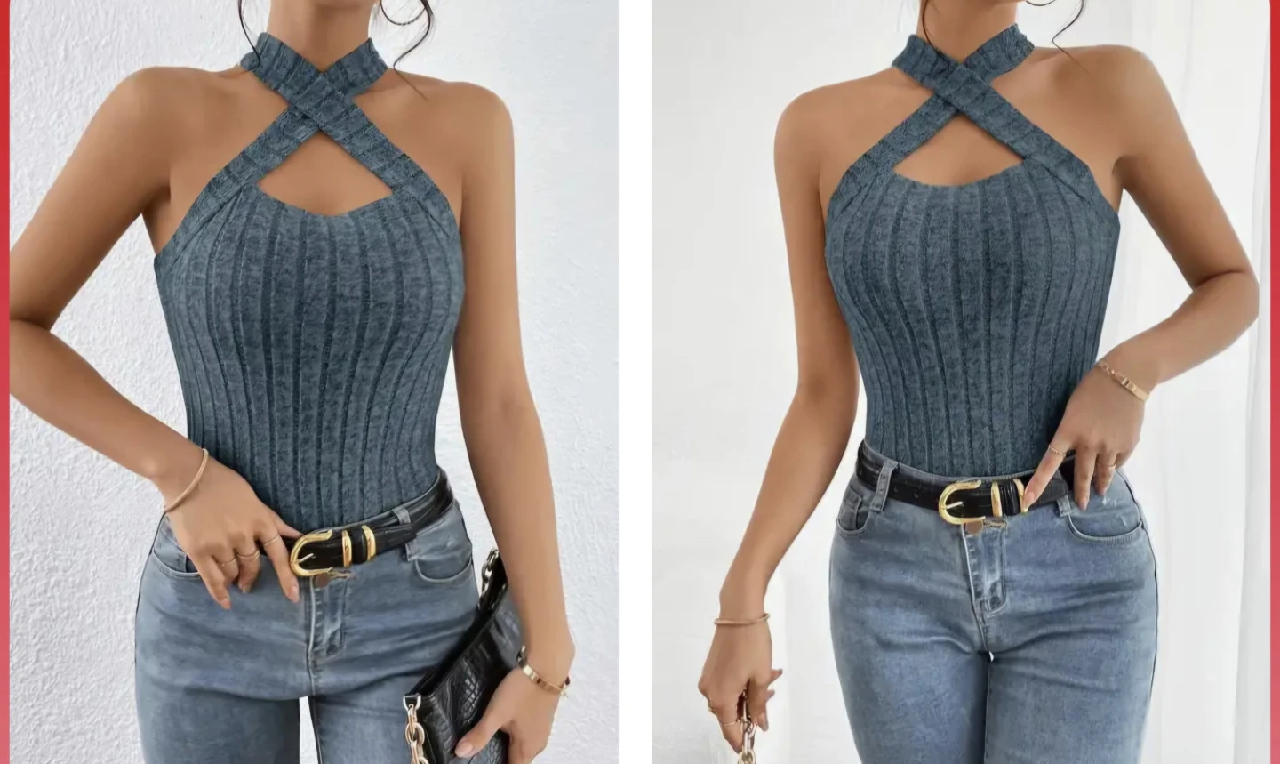 Women's Ribbed Halter Neck Top - Blue - photo 3