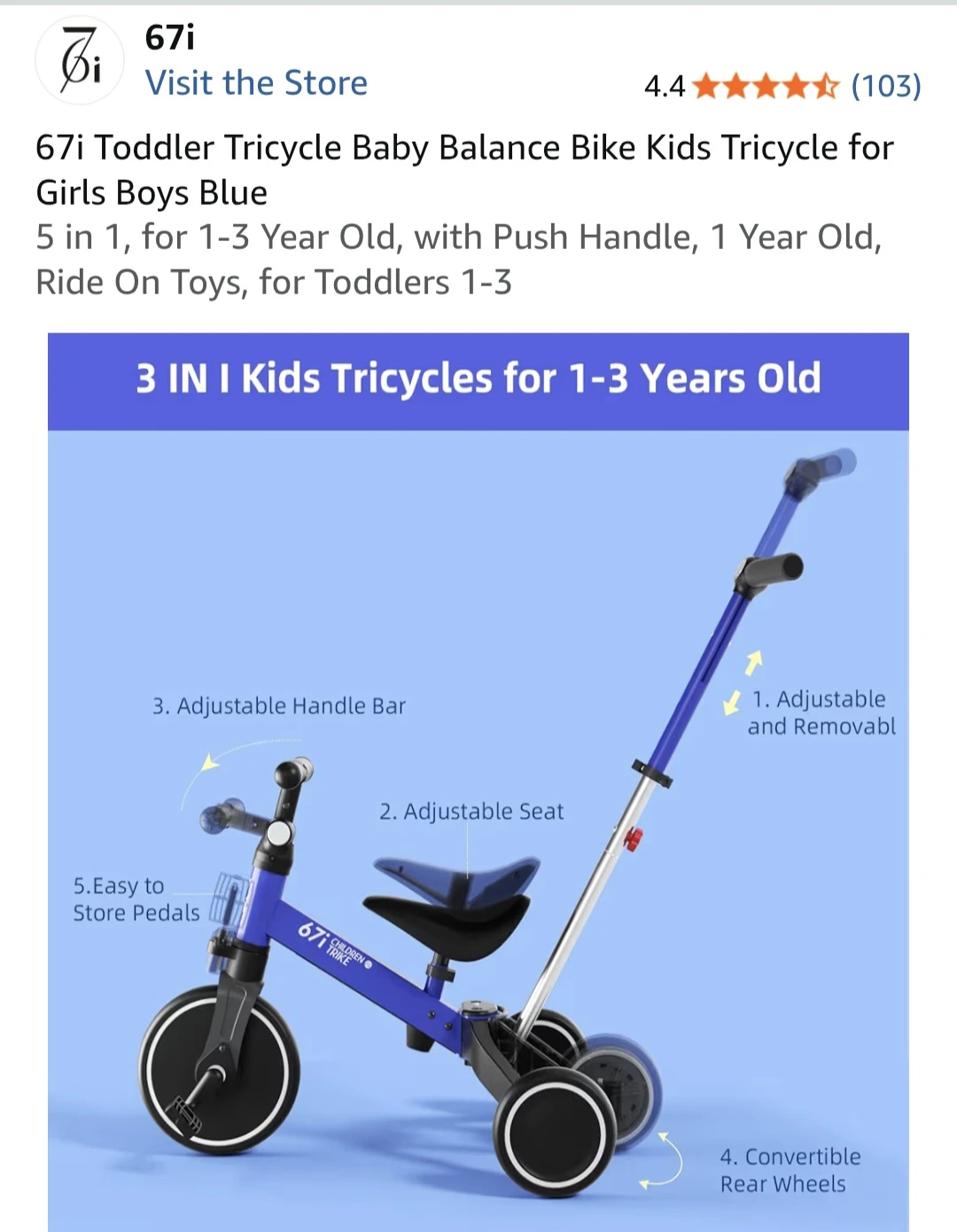 67i Toddler 5-in-1 Tricycle Balance Bike in Blue - photo 3