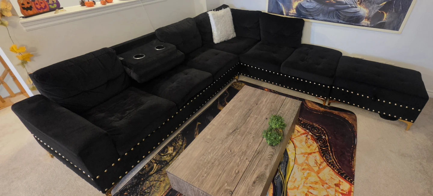 Black Velvet Sectional Sofa and Ottoman with Cup Holders - photo 2