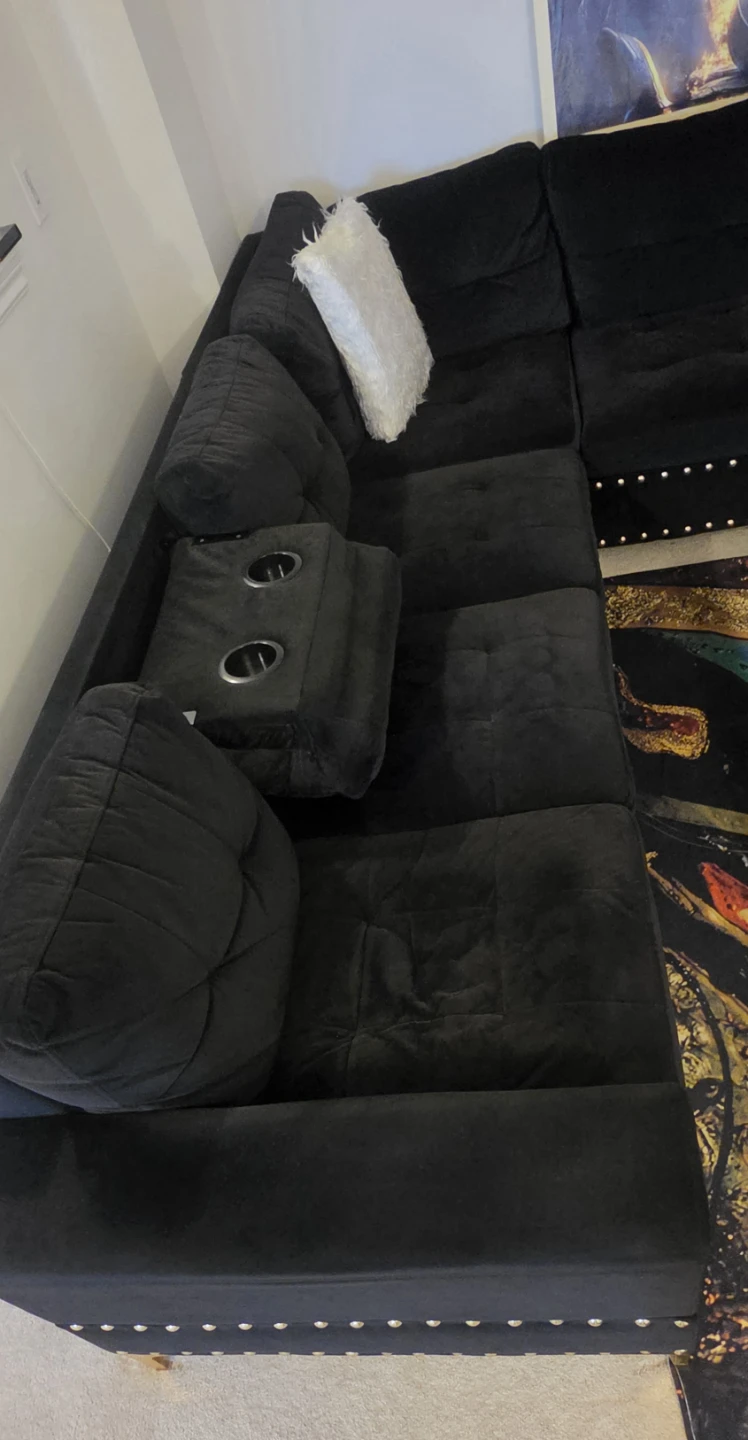 Black Velvet Sectional Sofa and Ottoman with Cup Holders - photo 3