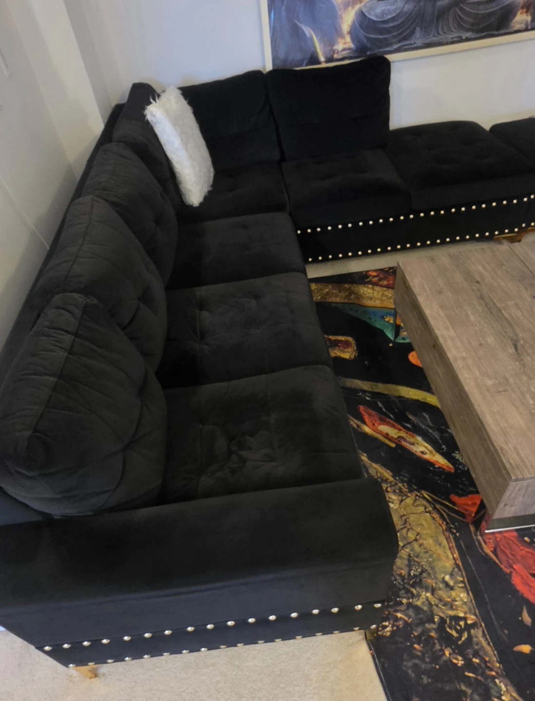Black Velvet Sectional Sofa and Ottoman with Cup Holders - photo 5