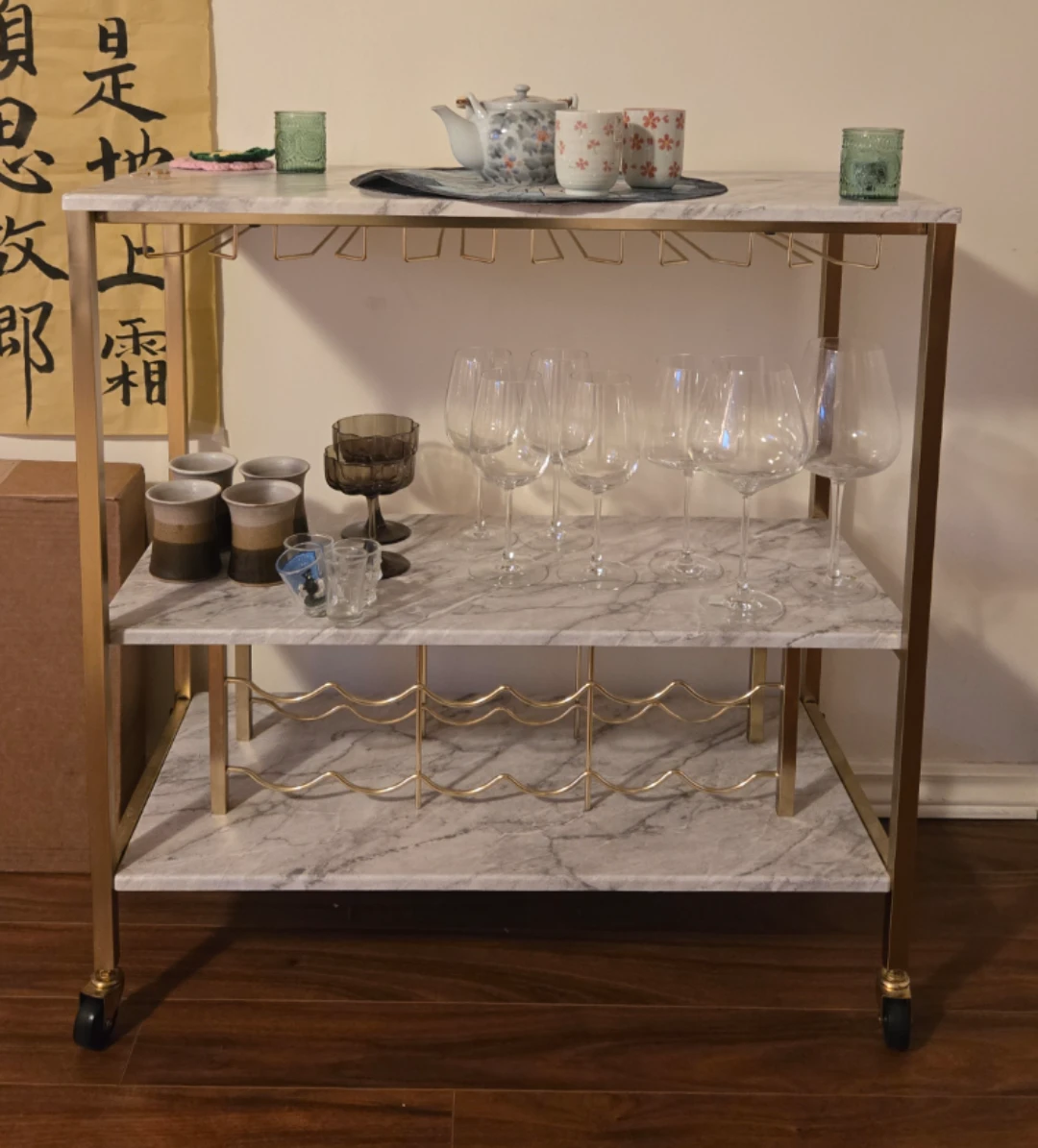 3-Tier Bar Cart with Wine Glass Holder