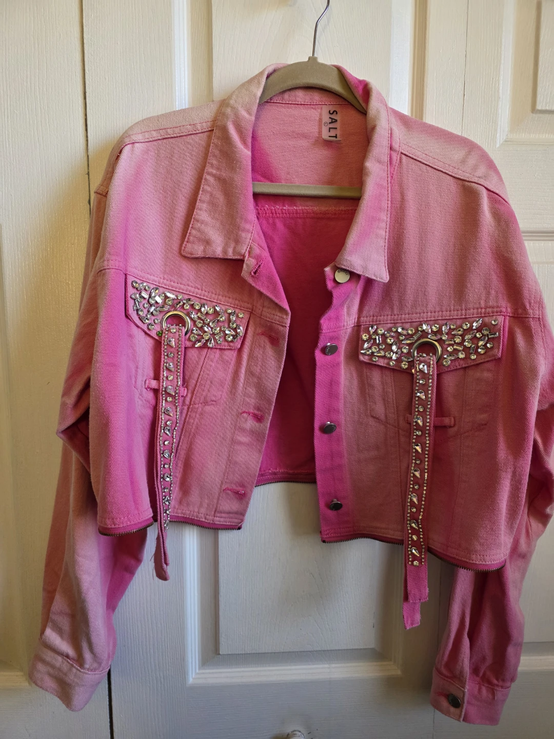 SALT Pink Embellished Cropped Denim Jacket