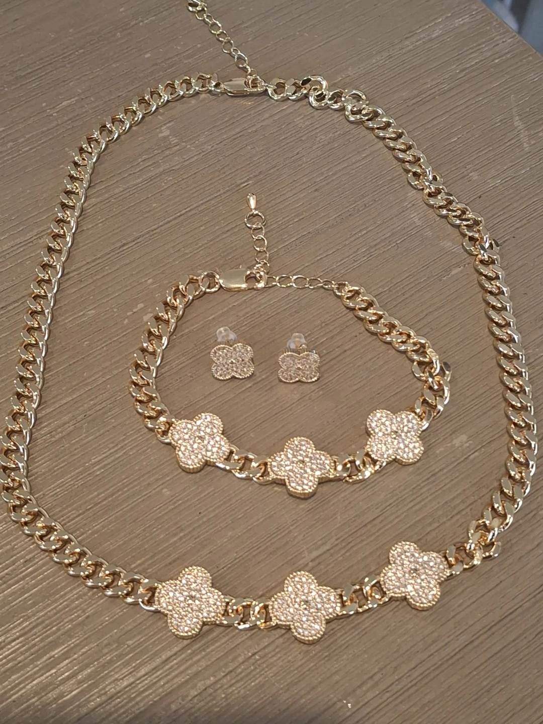 Gold Clover Necklace, Bracelet, and Earrings Set
