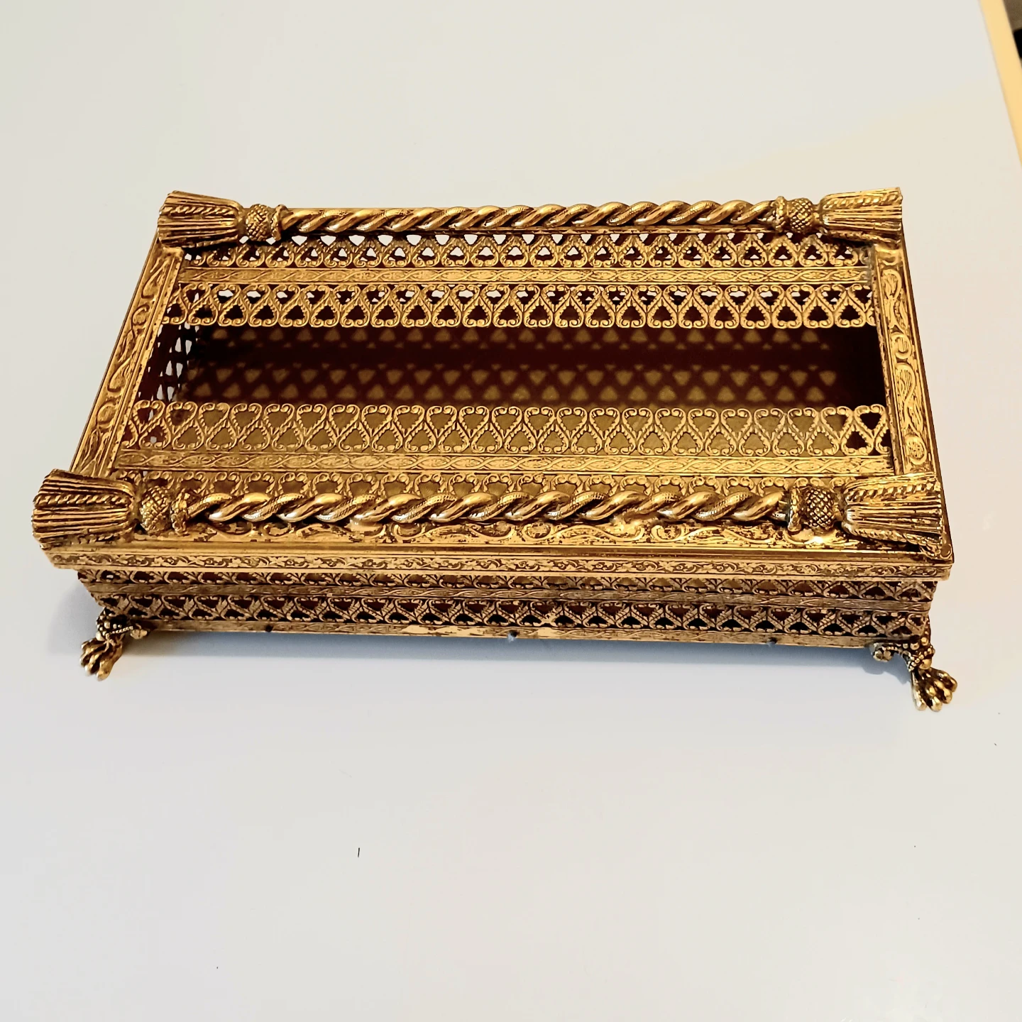 Vtg Handmade Ormolu Gold Tissue Box Rope & Tassel