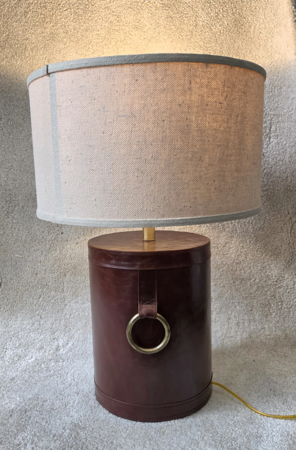 Brown Leather Drum Lamp with Linen Shade - photo 2