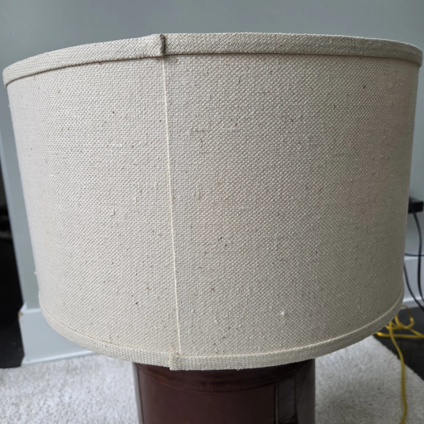 Brown Leather Drum Lamp with Linen Shade - photo 3